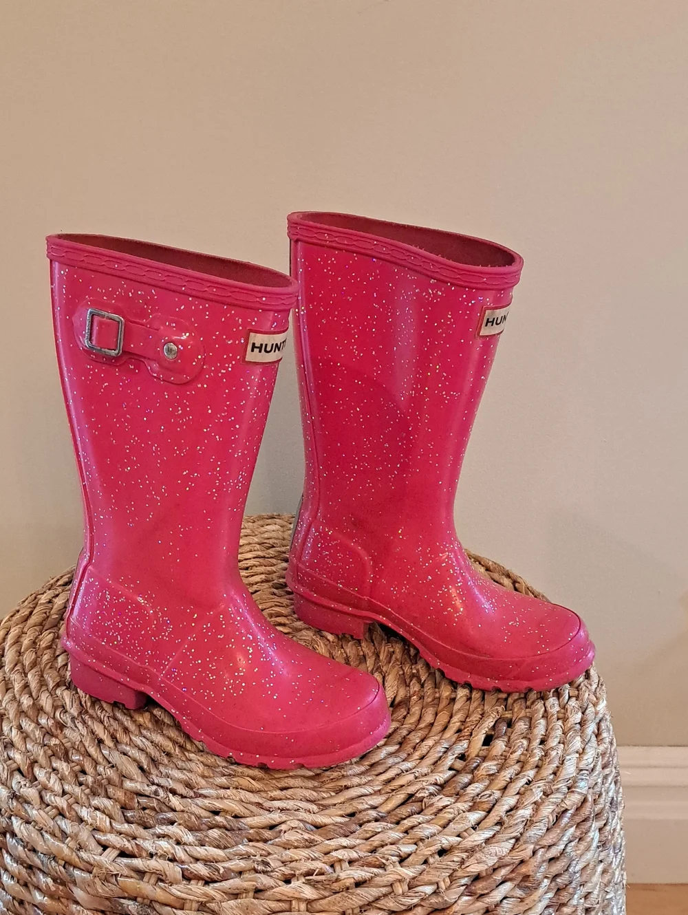 Hunter Youth Girls Wellie Rain/Outdoor Pink Glitter Tall Preppy Tall Boots 1